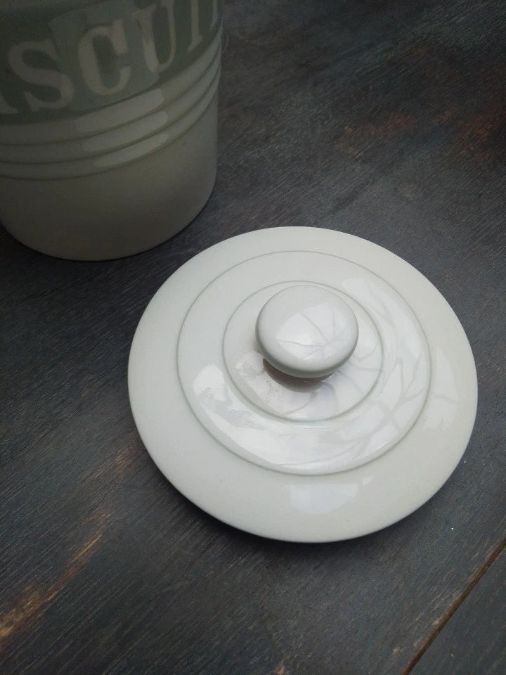 Marks & Spencer White Stripe Embossed Ceramic Lidded Biscuit Jar Vintage - Helsby Vintage