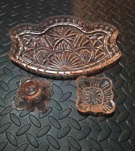 Vintage Mid Century Pressed Glass Peach Vanity Set - Helsby Vintage