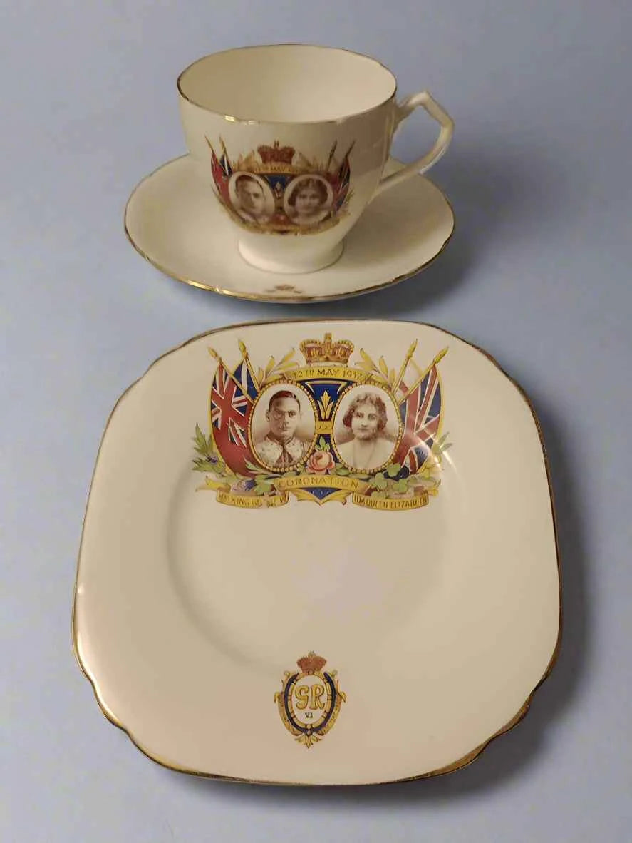 George VI and Queen Elizabeth Coronation May 1937 Trio Wellington China Rare - Helsby Vintage