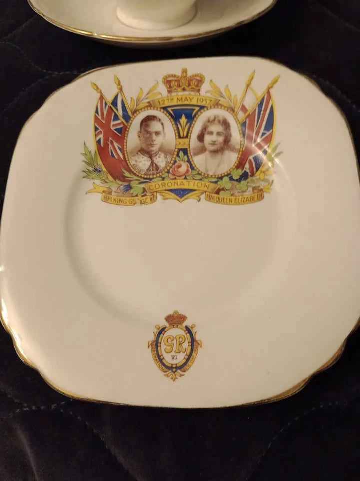 George VI and Queen Elizabeth Coronation May 1937 Trio Wellington China Rare - Helsby Vintage