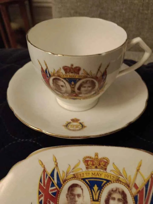 George VI and Queen Elizabeth Coronation May 1937 Trio Wellington China Rare - Helsby Vintage