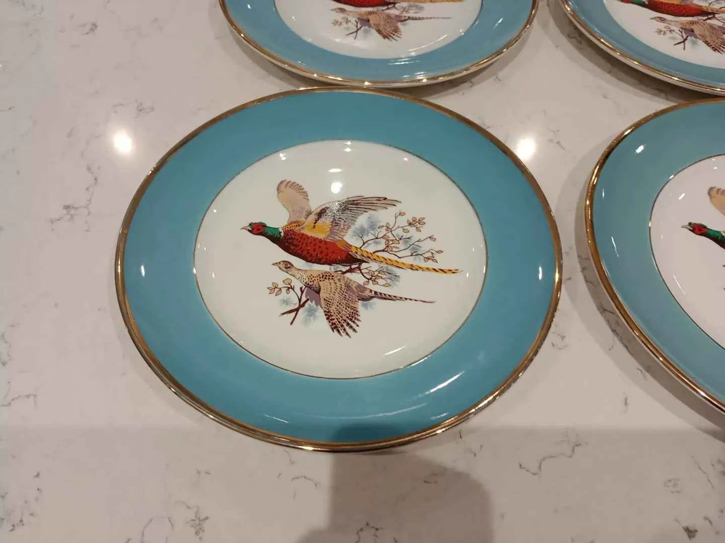 Sheriden Flying Pheasants Blue Teal Edged 8.5" Salad Plates Rare x 4 - Helsby Vintage