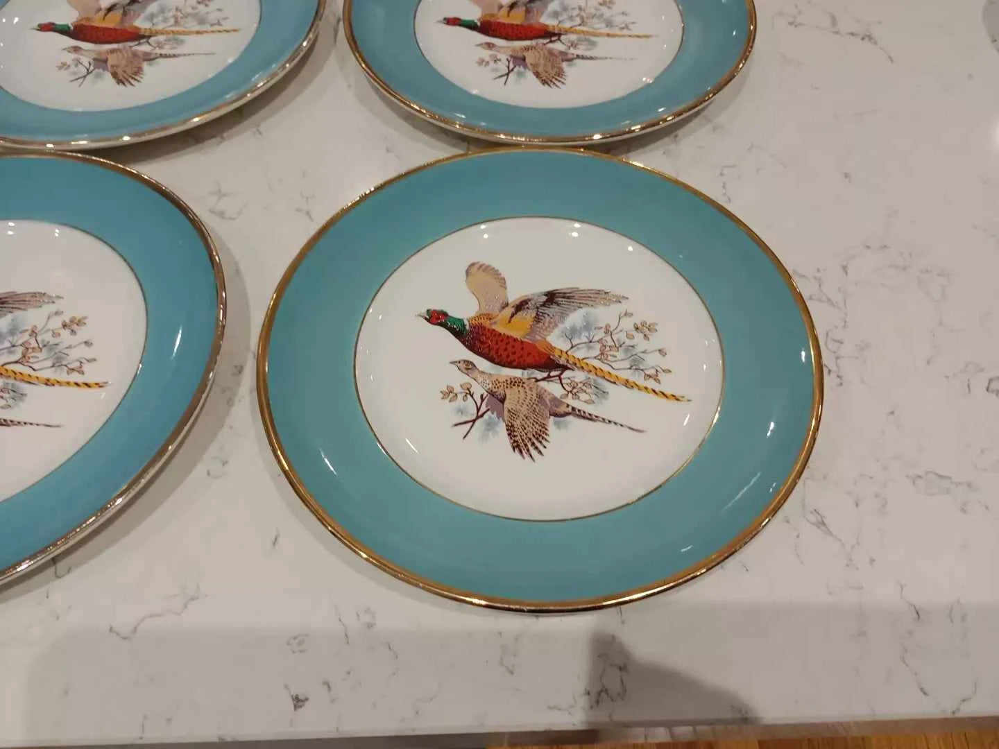 Sheriden Flying Pheasants Blue Teal Edged 8.5" Salad Plates Rare x 4 - Helsby Vintage