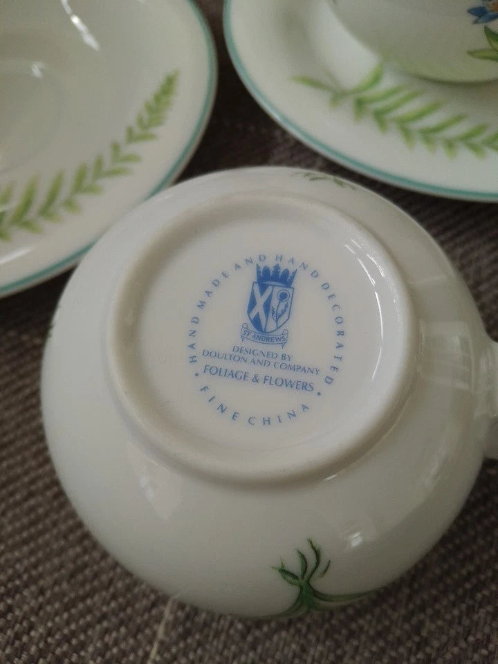 Set Of 4 St Andrews Botanics Cups And Saucers Doulton Foliage Flowers Vintage - Helsby Vintage