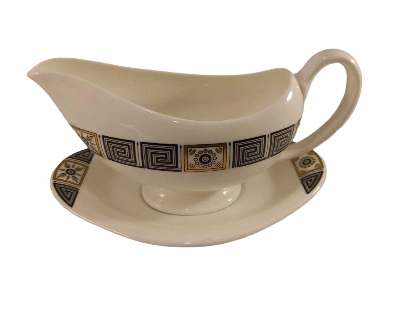 Wedgwood Asia R4288 Black Gold Gravy Boat with Plate Excellent Condition - Helsby Vintage