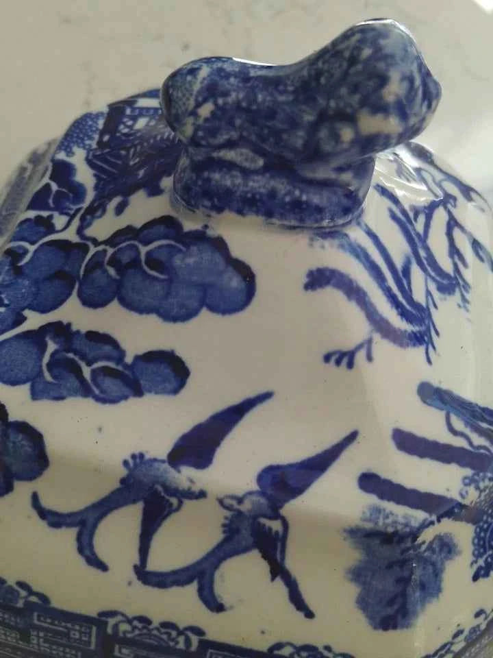 Antique Blue Willow Wedgwood & Co Pagoda Lidded Butter Dish Rare - Helsby Vintage
