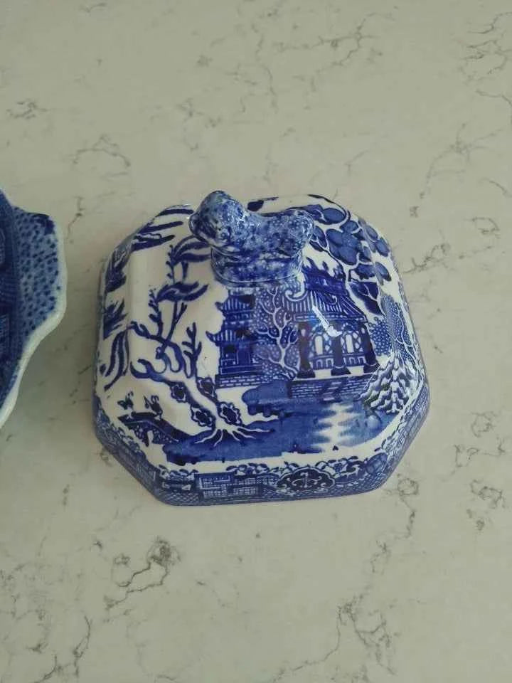 Antique Blue Willow Wedgwood & Co Pagoda Lidded Butter Dish Rare - Helsby Vintage