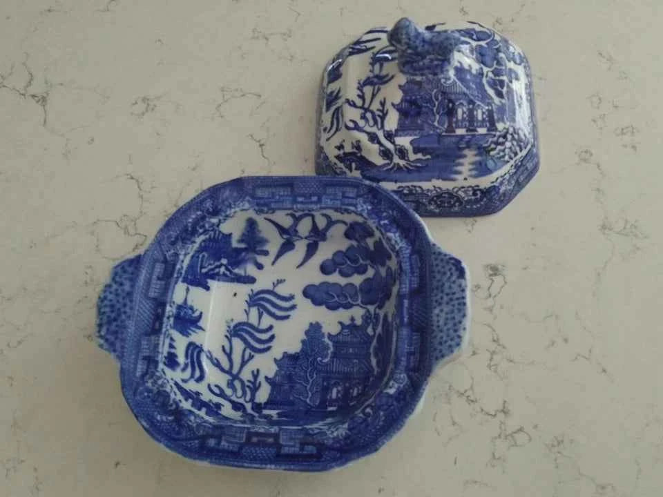 Antique Blue Willow Wedgwood & Co Pagoda Lidded Butter Dish Rare - Helsby Vintage