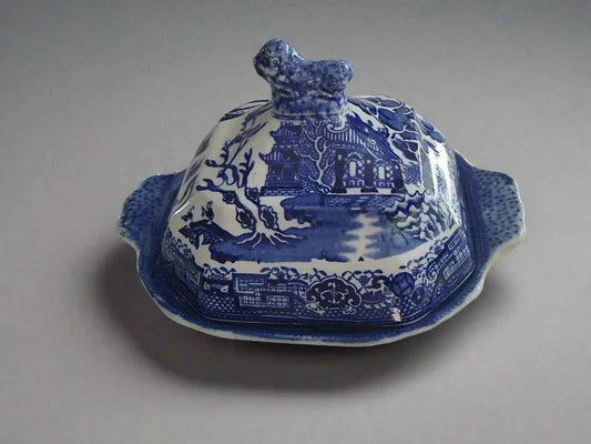 Antique Blue Willow Wedgwood & Co Pagoda Lidded Butter Dish Rare - Helsby Vintage