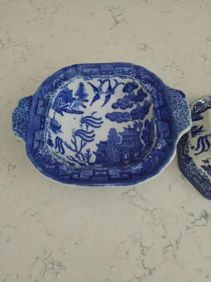 Antique Blue Willow Wedgwood & Co Pagoda Lidded Butter Dish Rare - Helsby Vintage