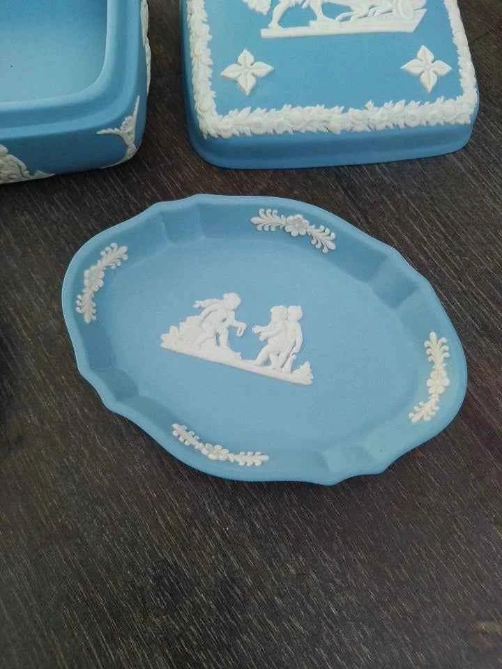 Wedgwood Jasperware Blue Trinket Dresser Box And 2 Pin Dishes Vintage - Helsby Vintage