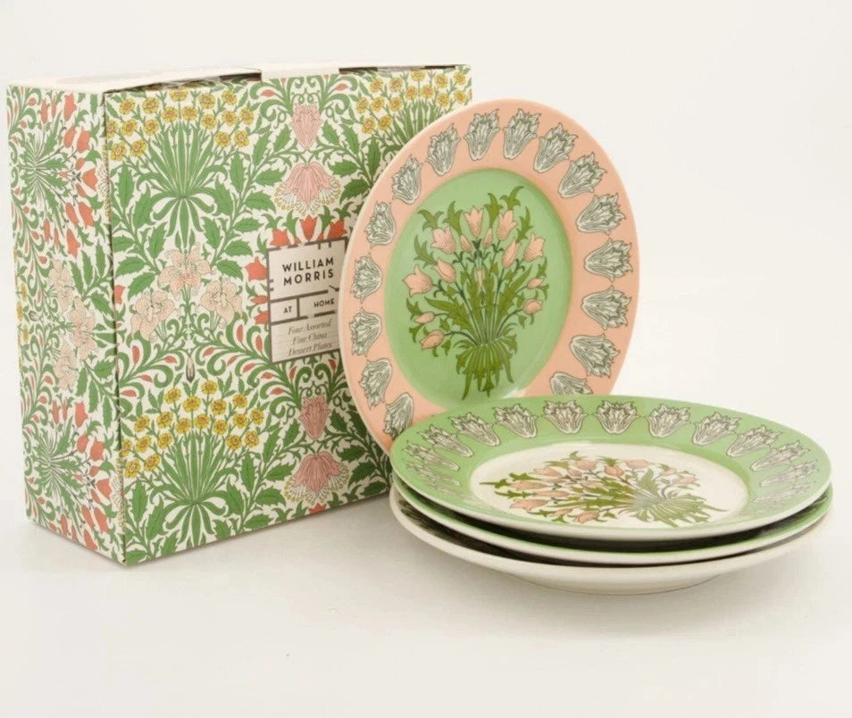 NEW William Morris Set Of 4 Dessert Plates Set Green White Pink Floral - Helsby Vintage