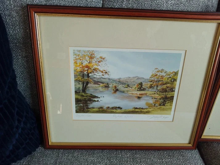 Collectable wall art prints pictures showcasing a vintage-style wooden frame with a scenic autumn landscape painting