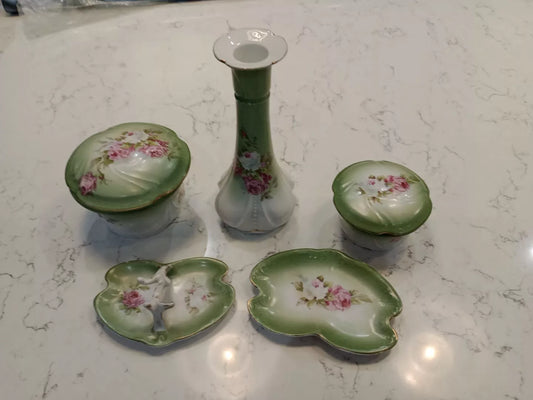 Antique Art Nouveau Trinket Set, Green, 1920s 