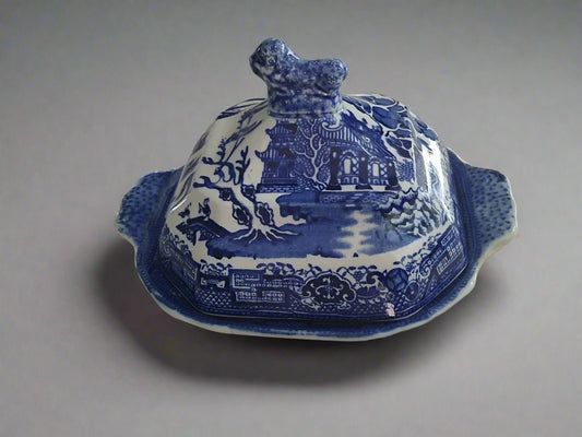 Antique Blue Willow Wedgwood & Co England Pagoda Lidded Dish Butter? Rare