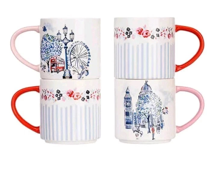Cath Kidston London Set Of 4 300ml Stacking Mugs Boxed Gift Set. Brand New.