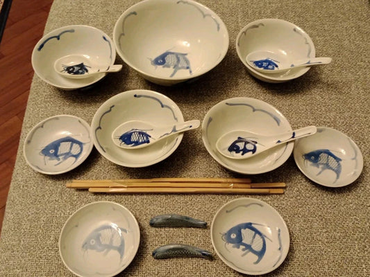 Chinese Koi Blue Carp Fish Porcelain Vintage Dinner Set