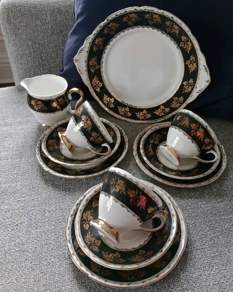 Gladstone China Tea Set Rare Black Gold 3 trios, 1 jug , 1 cake plate Vintage