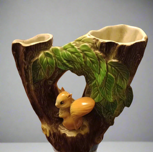 Hornsea Double Tree Trunk Vase With Bushy The Squirrel 1960s No 74 6" Tall