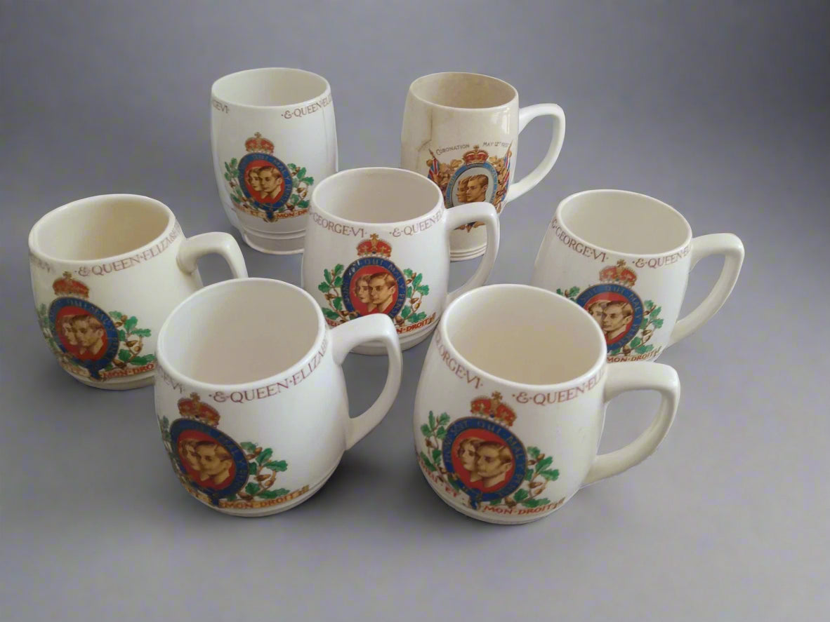 King George VI & Queen Elizabeth Coronation 1937 2 Beakers And 5 Mugs Cups