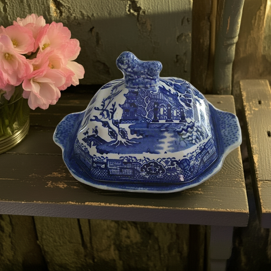 Antique Blue Willow Wedgwood & Co Pagoda Lidded Butter Dish Rare - Helsby Vintage