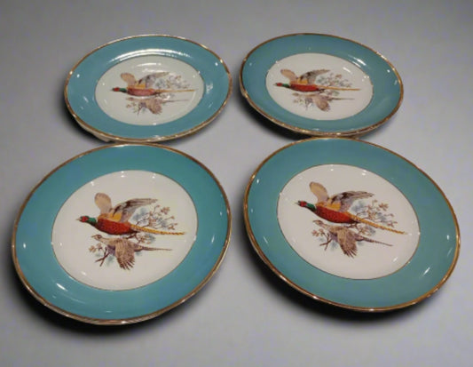 4 X Sheriden Flying Pheasants Blue Teal Edged 8.5" Salad Plates Rare