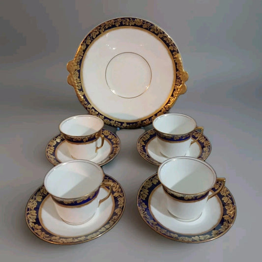 Adderleys cobalt blue tea set featuring white porcelain cups and saucers with gold floral detailing