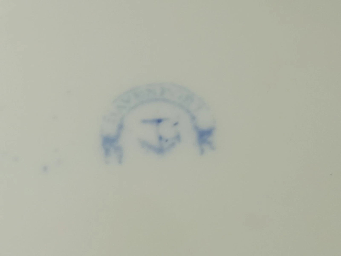 Close-up of Antique Davenport dessert set Tazza comport plates 1840 blue maker's mark stamp