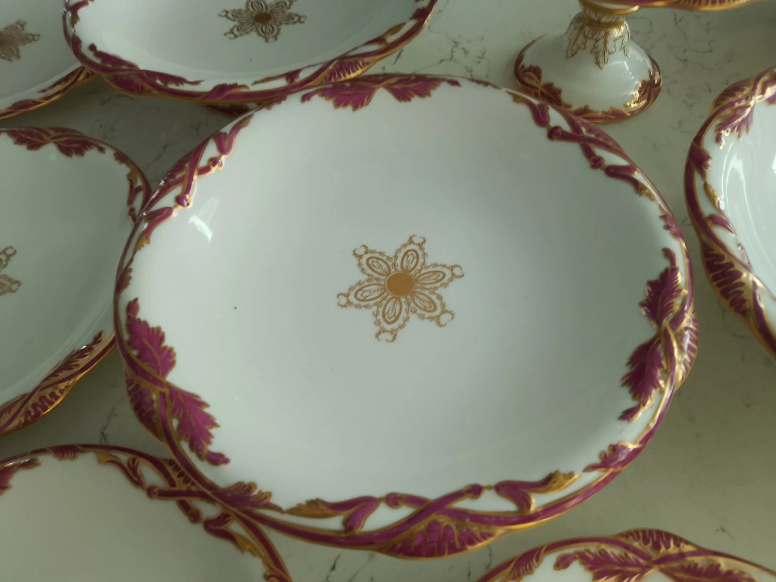 Antique Davenport dessert set Tazza comport plates 1840 with gold and purple floral detailing
