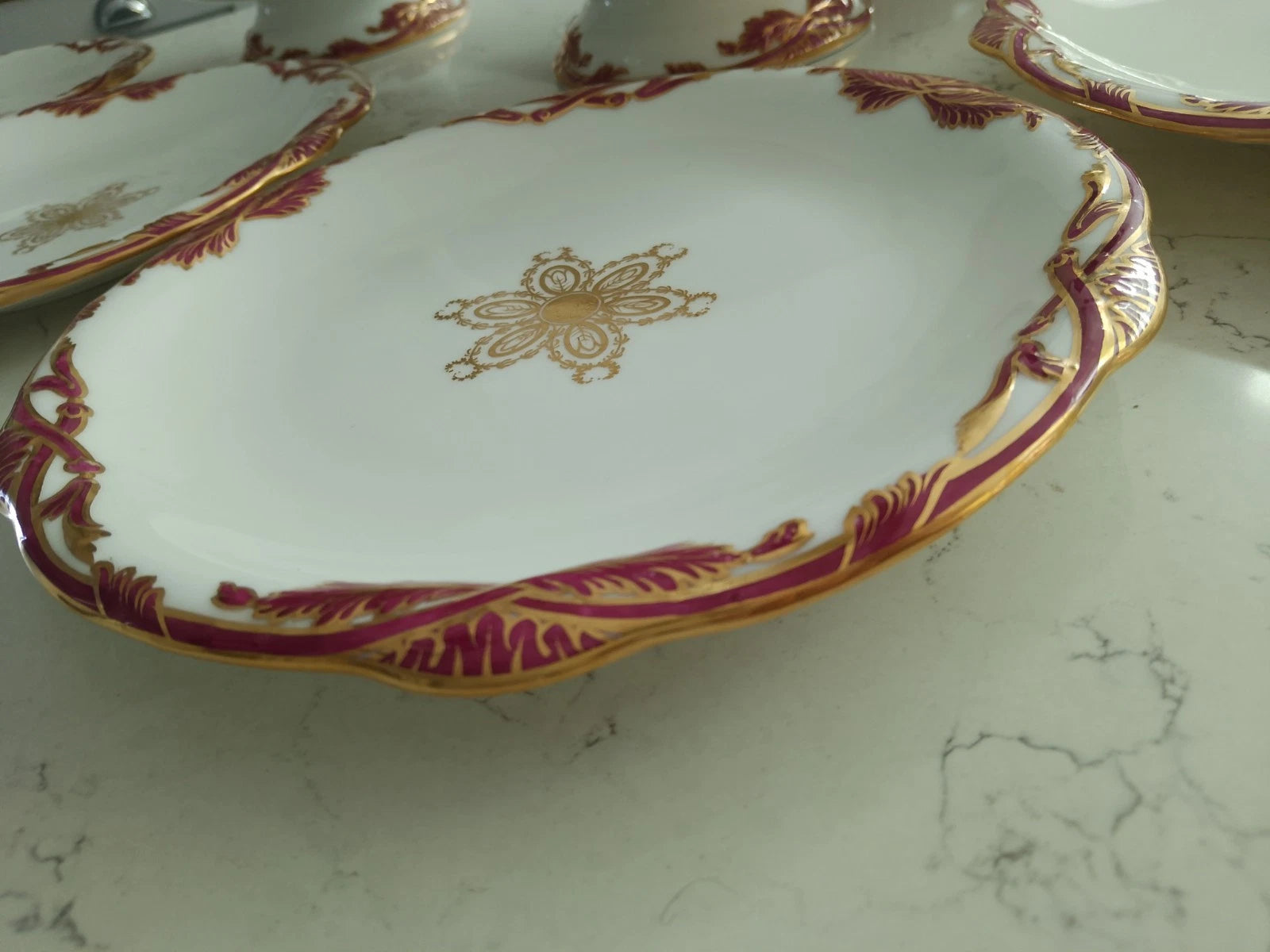 Antique Davenport dessert set Tazza comport plates 1840 with gold and maroon intricate design