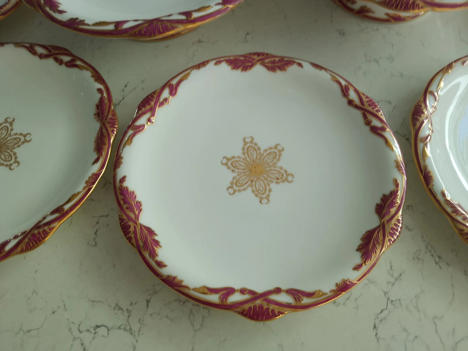 Antique Davenport dessert set Tazza comport plates 1840 with gold and purple leaf design on white porcelain