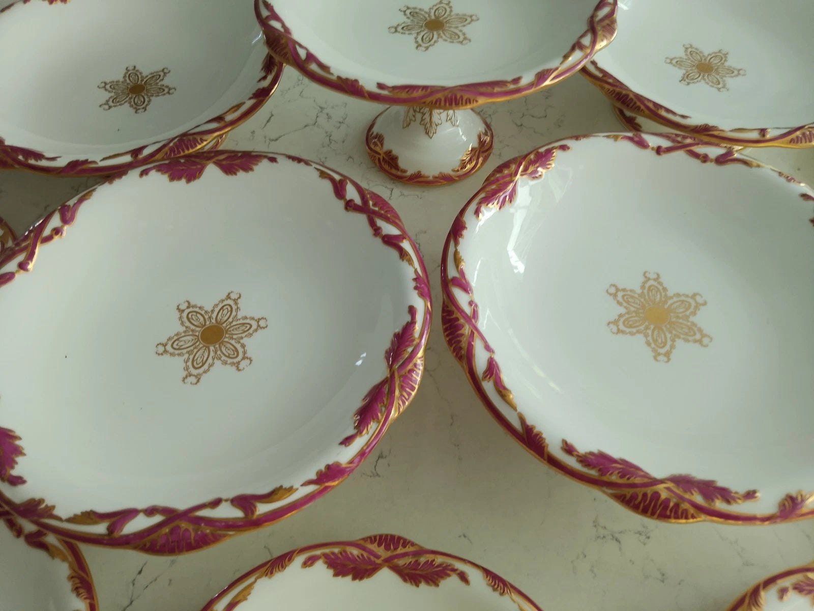 Antique Davenport dessert set Tazza comport plates 1840 with gold and purple leaf detailing on white porcelain