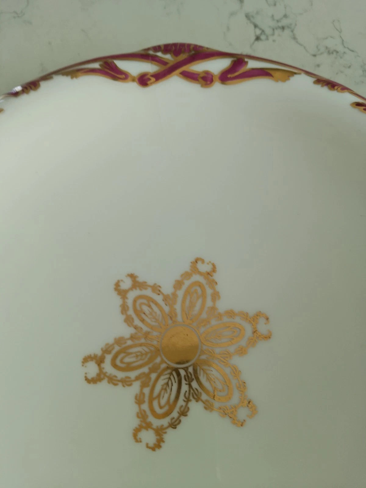 Antique Davenport dessert set Tazza comport plates 1840 with intricate gold and maroon floral detailing