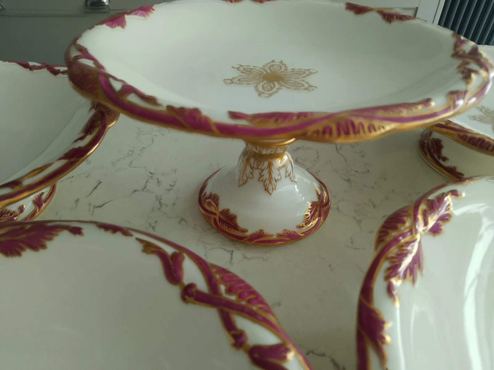 Antique Davenport dessert set Tazza comport plates 1840 with gold and purple decorative trim