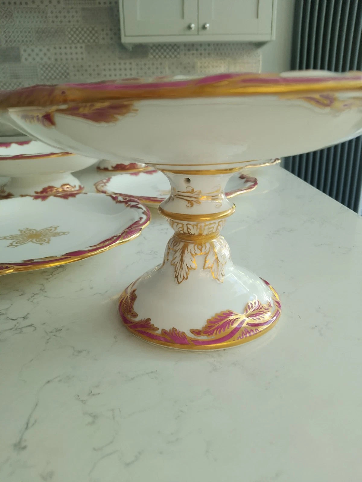 Antique Davenport dessert set Tazza comport plates 1840 with gold and pink decorative details