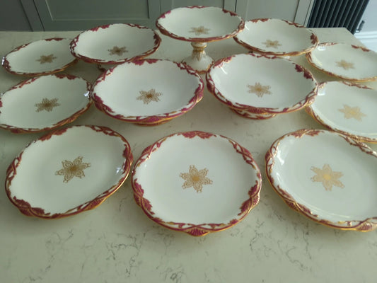 Antique Davenport dessert set Tazza comport plates 1840 with gold and burgundy detailing