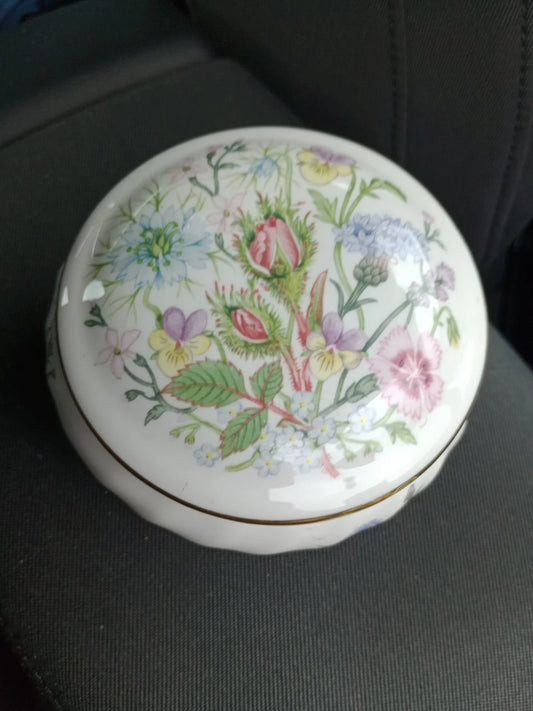 Aynsley Wild Tudor trinket box with delicate colourful floral design on white porcelain collectible