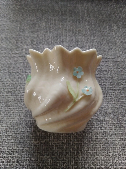 Belleek vintage flower pot with delicate blue floral design on creamy white porcelain