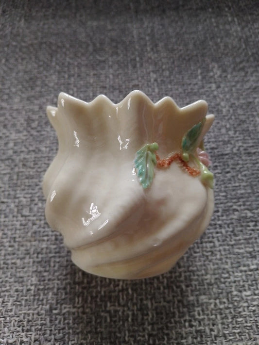 Belleek vintage flower pot collectible with scalloped edges and delicate green leaf details