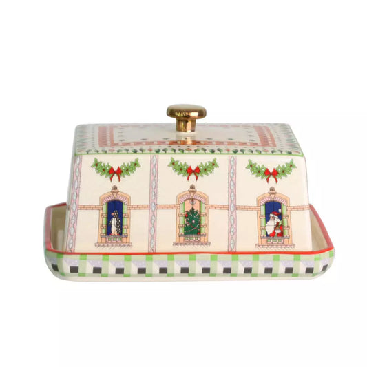 Cath Kidston Christmas butter dish with festive window and garland design on ceramic block style