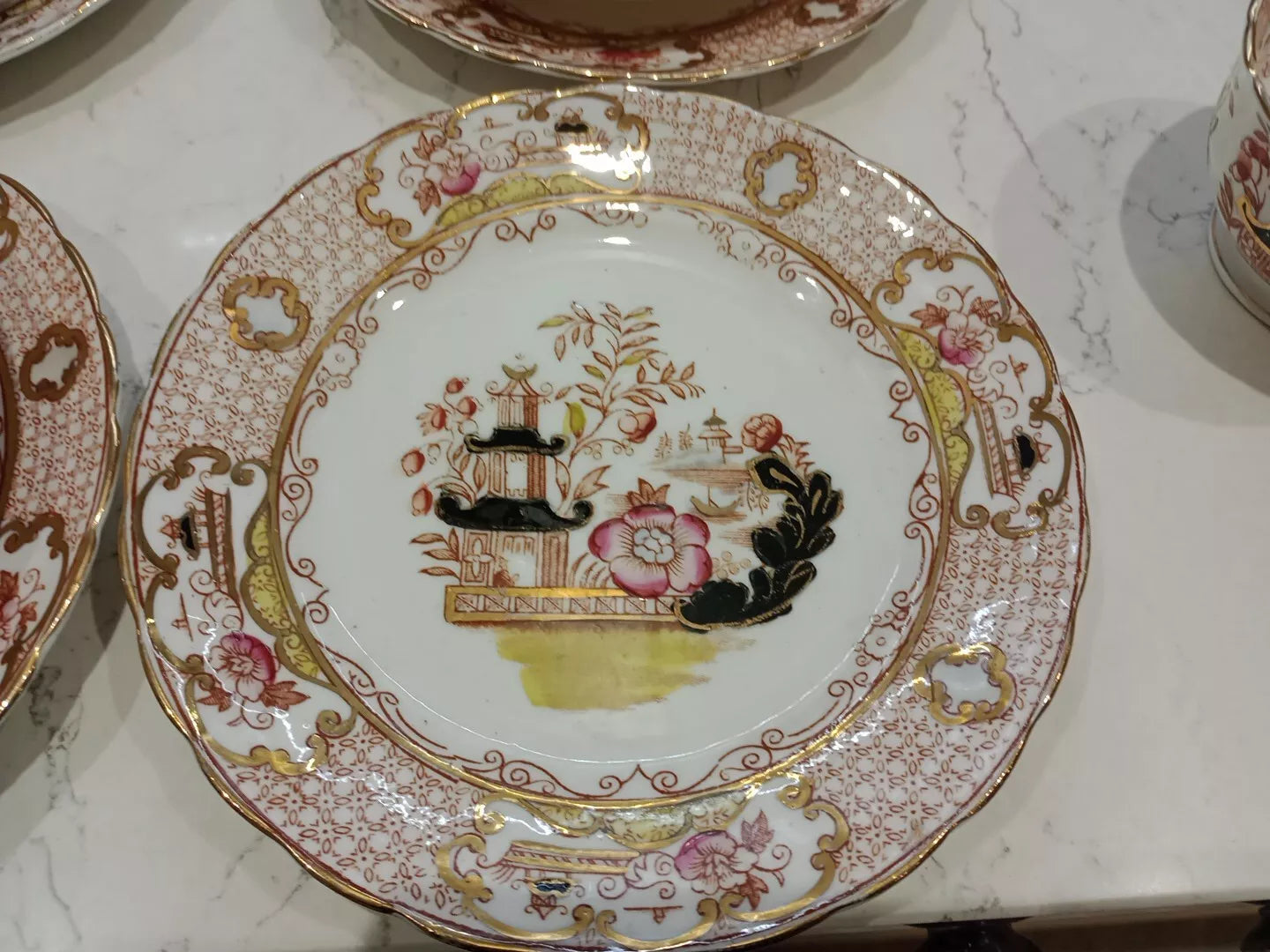 Antique Charles Amison tea trios decorative plate with floral and pagoda design in pink and gold