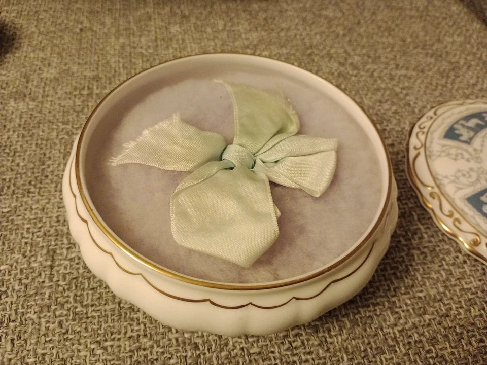 Coalport Revelry powder box with delicate gold trim and soft fabric interior for collectables