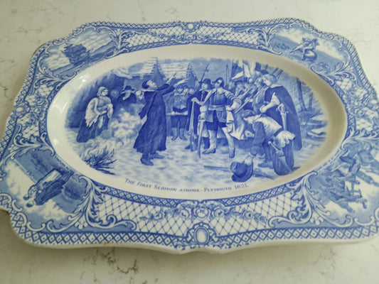 The First Sermon Ashore crown ducal plate featuring blue historic scene and intricate border design