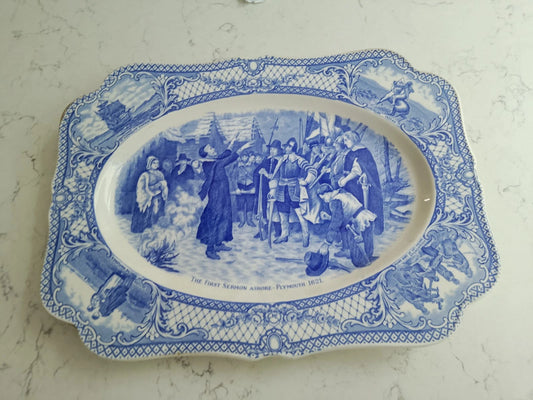 The First Sermon Ashore crown ducal plate featuring detailed blue and white historic scene collectible