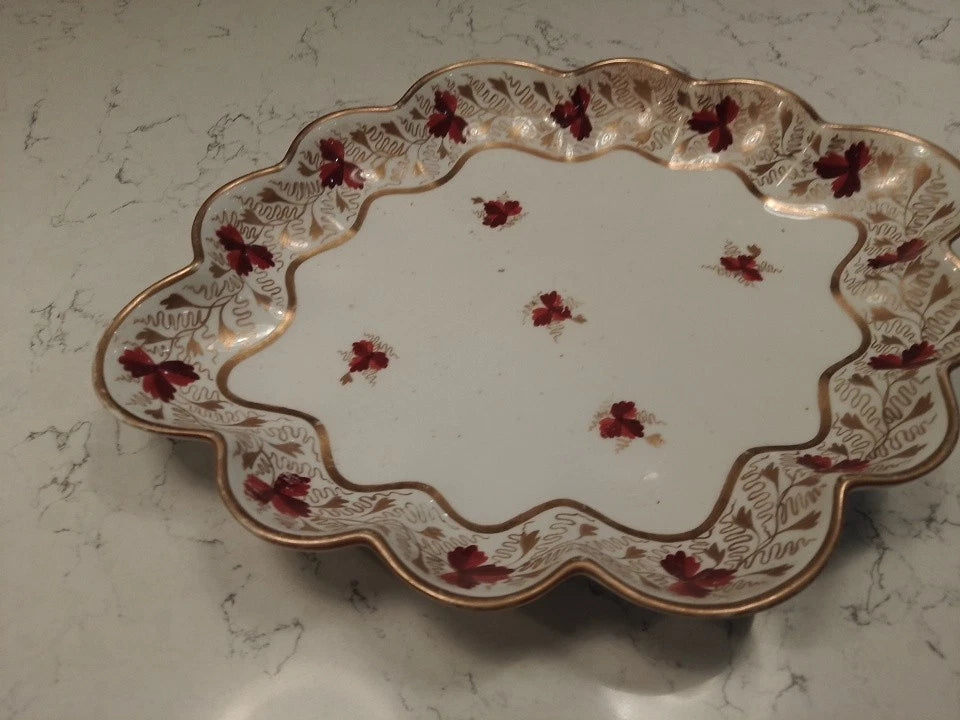 Derby lobed edged ceramic plate dish with floral design and gold trim on scalloped rim
