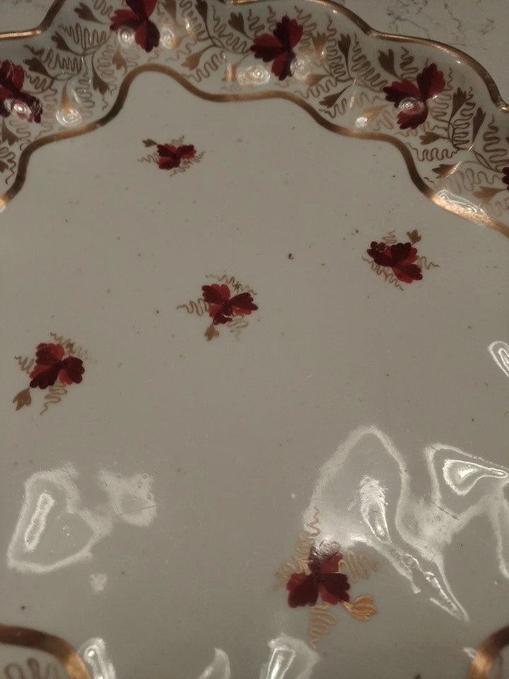 Derby lobed edged ceramic plate dish with red floral patterns and gold accents collectible item