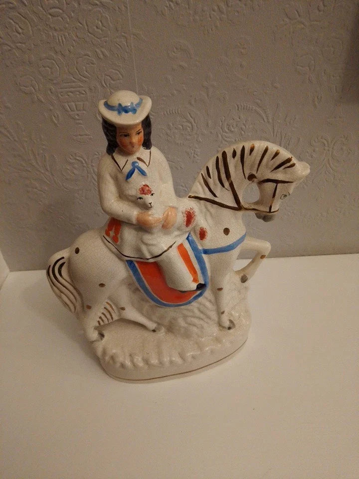 Antique Staffordshire Flatback Lady On Horse With Dog Good Condition - Helsby Vintage