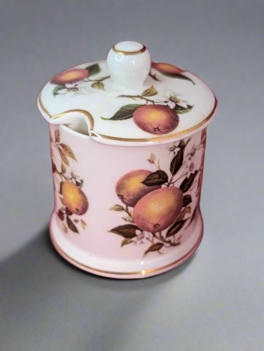 Fortnum and Mason marmalade Pot with fruit design and gold trim in elegant kitchen ware