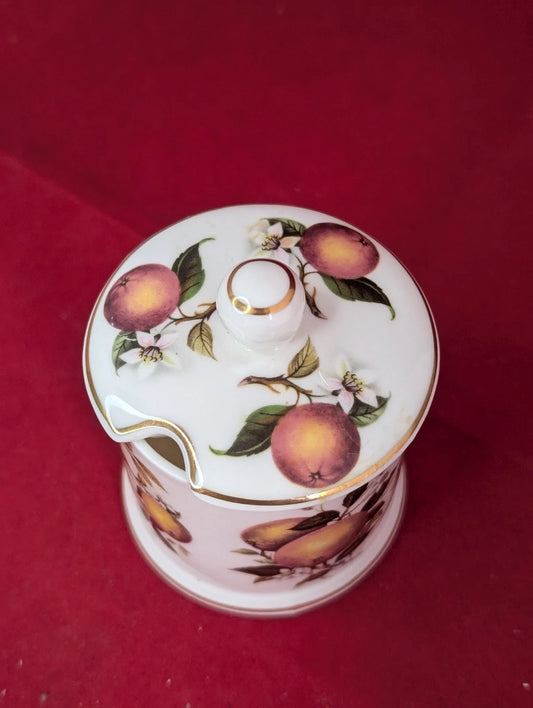 Fortnum and Mason marmalade Pot with peach design and gold trim on white ceramic base