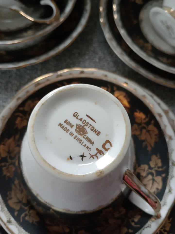 Close-up of Gladstone China tea set vintage cup and saucer with ornate gold floral design
